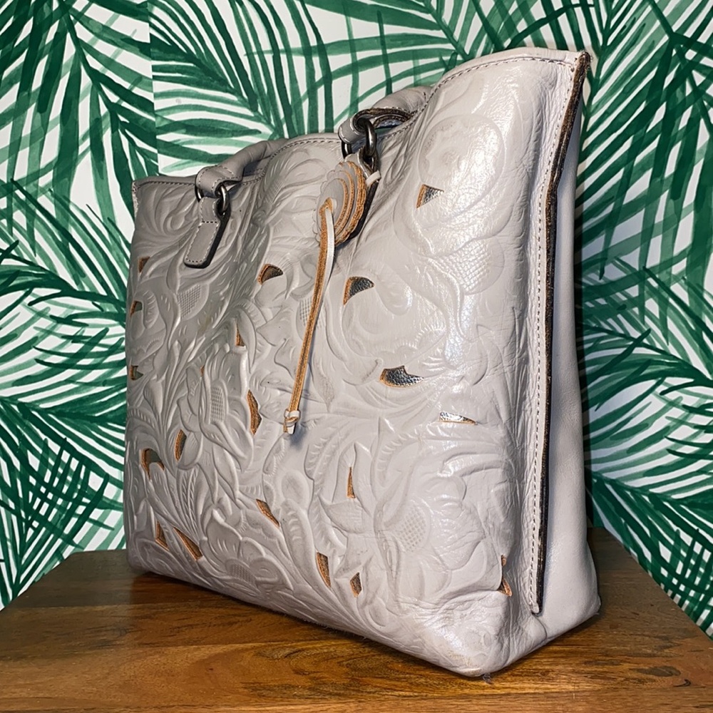 Patricia Nash Tooled Cut Out Gray Leather Tote Bag - Picture 4 of 13